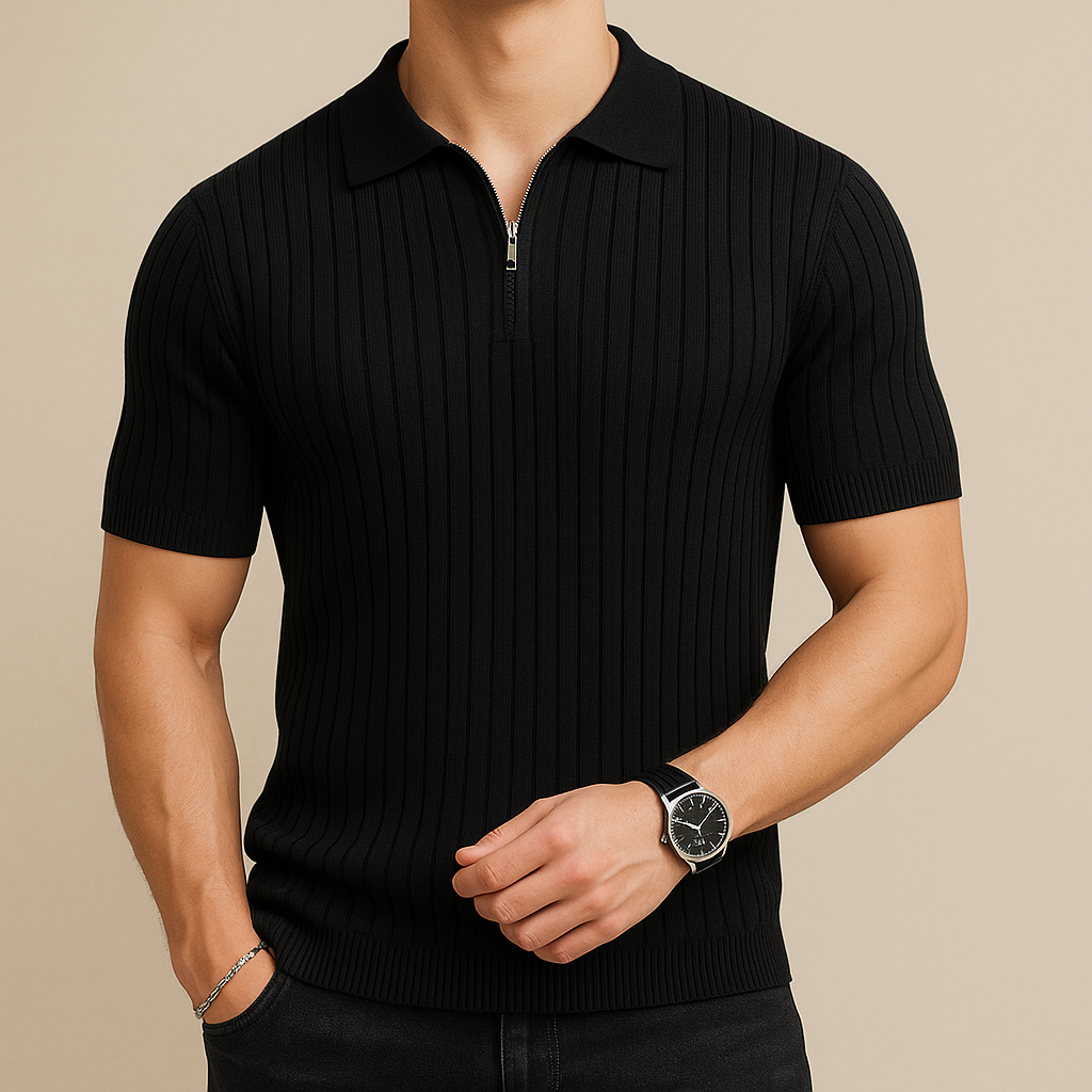 Black Ribbed Zipper Polo Shirt | Vaester & Co
