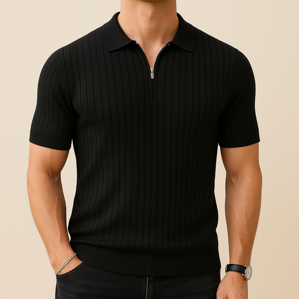 Black Ribbed Zipper Polo Shirt | Vaester & Co